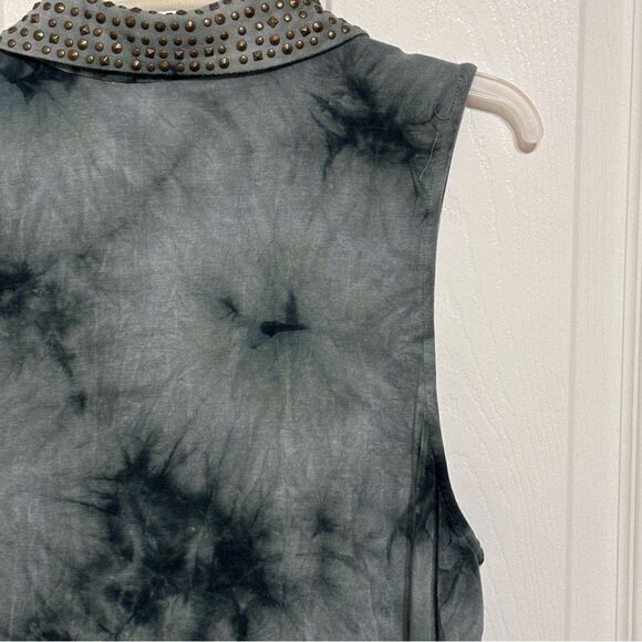 Lucca Couture | Women's Green Tie Dye Studded Collar Button Down Tank Top - Picture 10 of 14